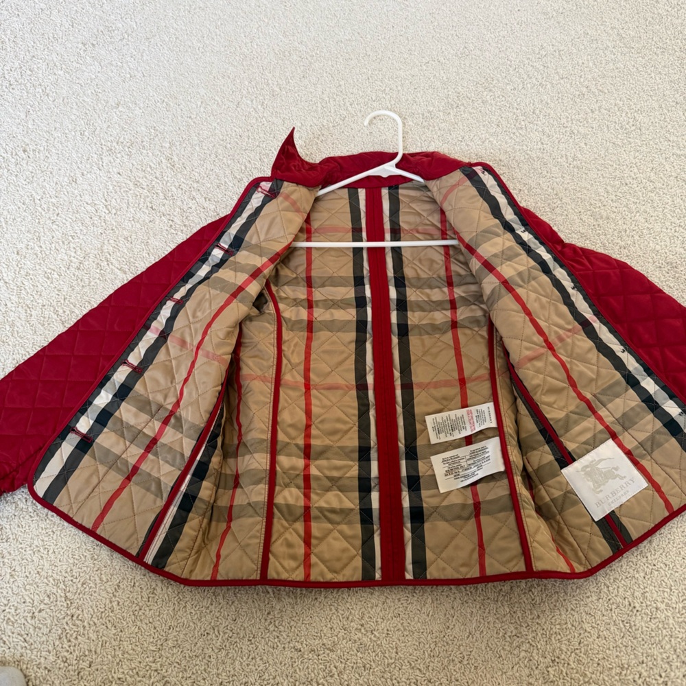 Burberry Red Quilted Kids Puffer with Signature Check Lining